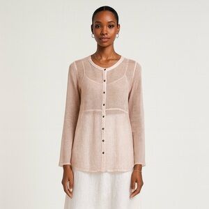 Eileen Fisher Organic Linen Top Light Pink Sheer Gauzy Coastal Button Blouse L